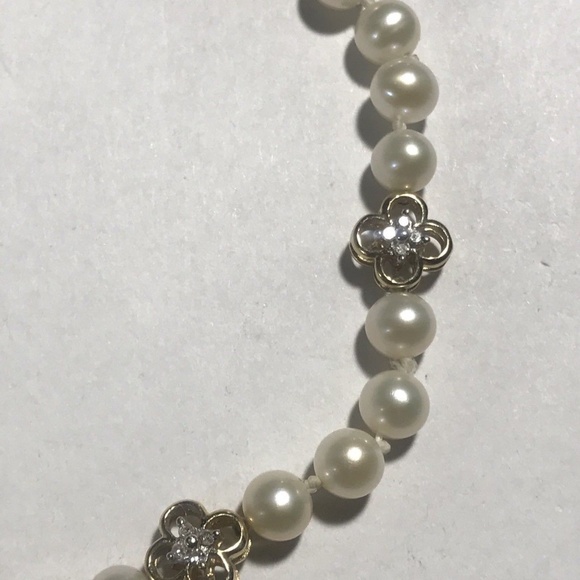 10k Yellow Gold Pearl Bracelet w/ Diamond Accent Links, Filigree Clasp 7 3/8 - Picture 2 of 6